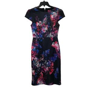 Betsey Johnson Floral Sheath Dress Cap Sleeve Stretch Lined Women 2 Multicolor‎